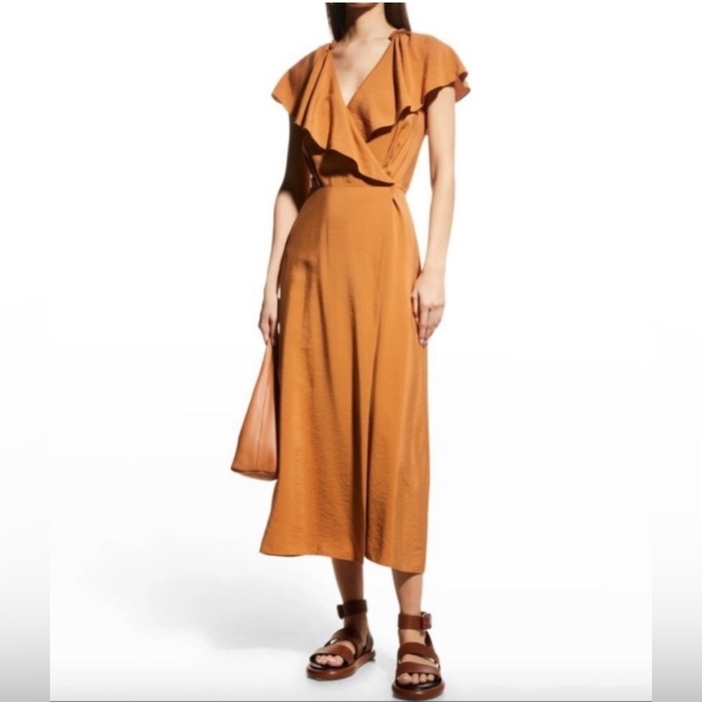 NWT! Vince Braid Trim Flutter Sleeve Wrap Dress in Copper Size Medium - Picture 2 of 11